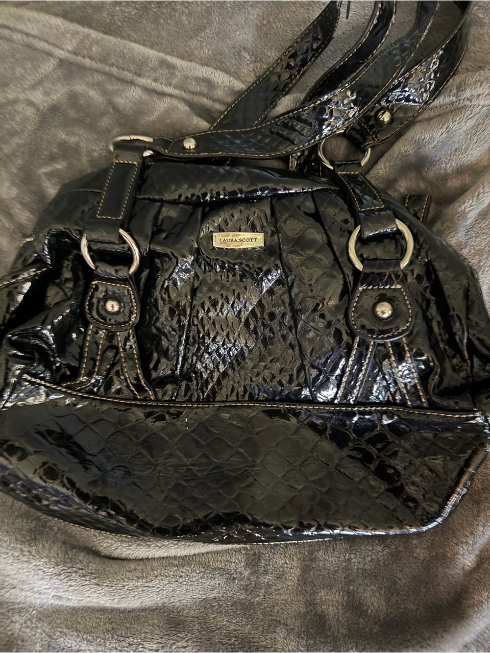 Laura Scott Black Patent Quilted Shoulder Bag with Double Handles